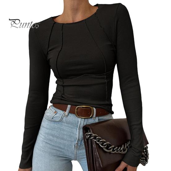 

Женская футболка с круглым вырезом и длинным рукавом, облегающая футболка, однотонные цветные линии, украшения, эластичный пуловер, топы для повседневной носки M чёрный
