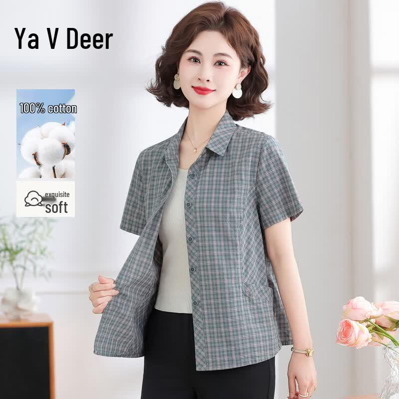 Women s Plaid Pure Cotton Short Sleeve Shirt 2XL