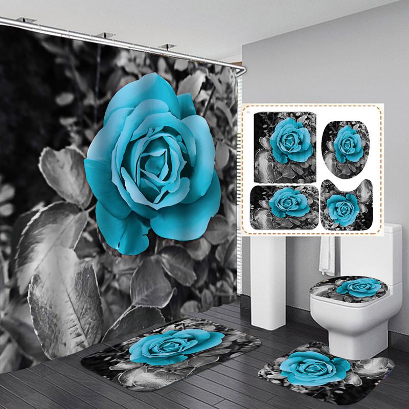 Modern Flowers And Butterfly Waterproof Shower Curtain Set Toilet Seat Cover Bath Nonslip Mat Rug Carpet Bathroom Decor Washable