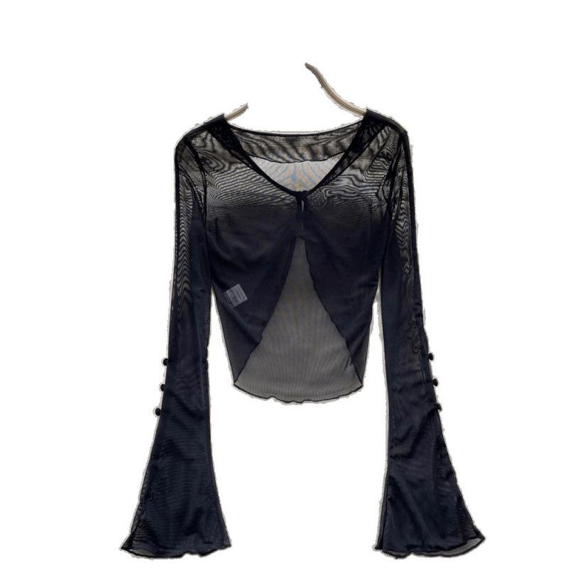Summer Spicy Sheer Mesh Long Sleeve Cropped Top - Petite Women's Unique Design
