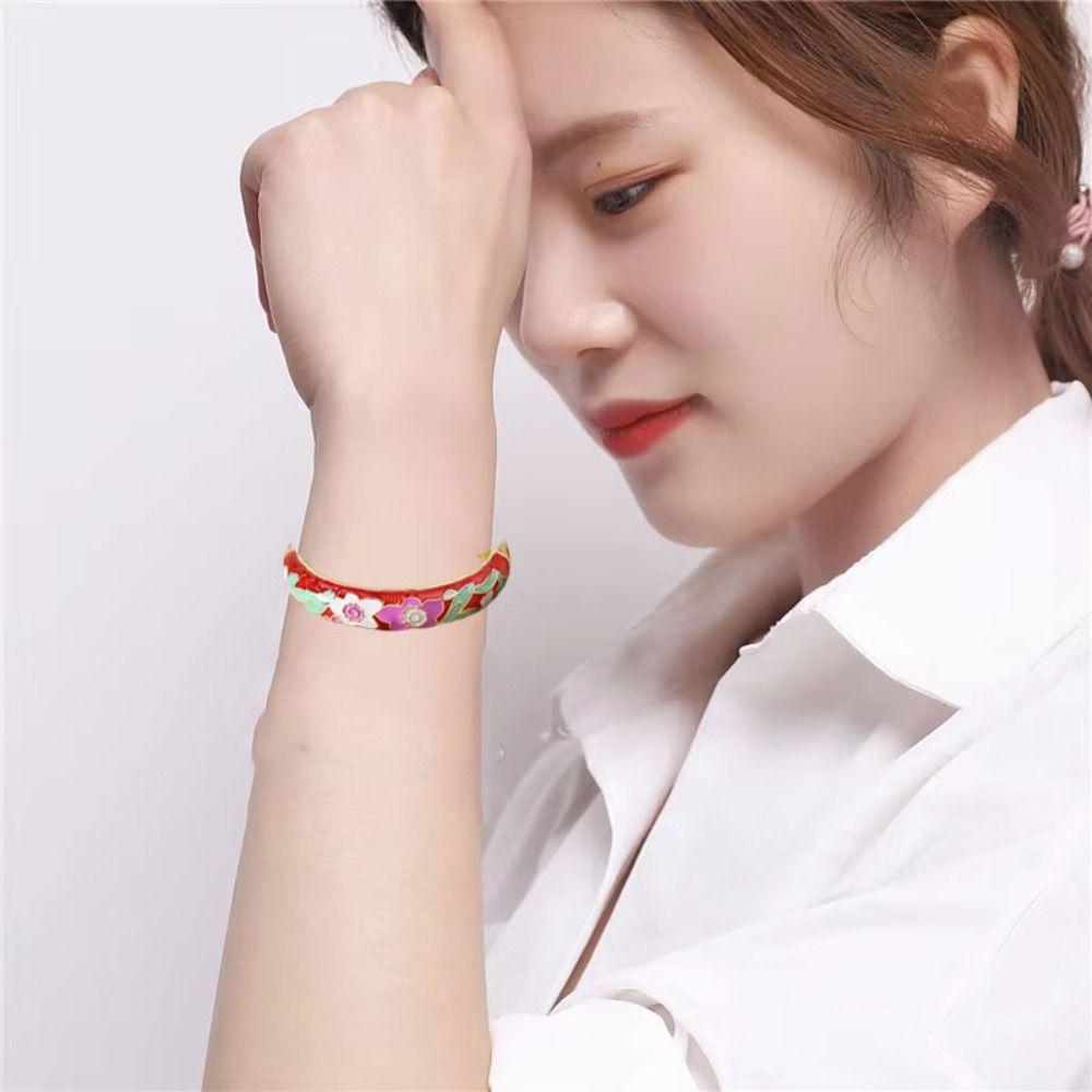 Enamel Hollow Out Flower Bangle Traditional Women's Hand Bracelet  Jewelry Gifts