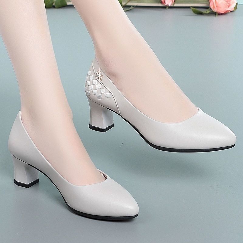 Work Shoes Single Order Shoes Women's Leather Shoes Pointed Toe Thick Heel Versatile Shallow Mouth Women's Shoes
