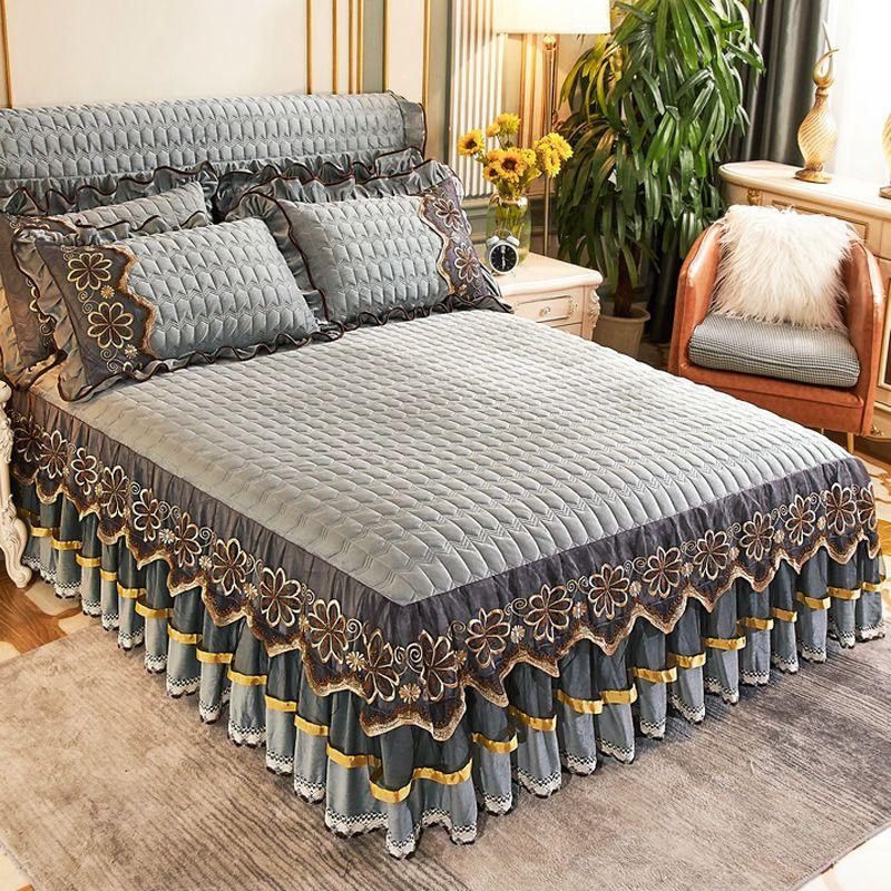 Europäische Luxus Tagesdecken Königin König Größe Prinzessin Kristall Samt Königin Bettwäsche Set Spitze Bett Rock Verdickt Warme Bettdecke