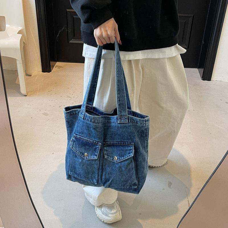 Denim Bags Women'S Fashion Fashion One Shoulder Oblique Span Bag College Students Class Multi-Pocket Commuter Tote Bag