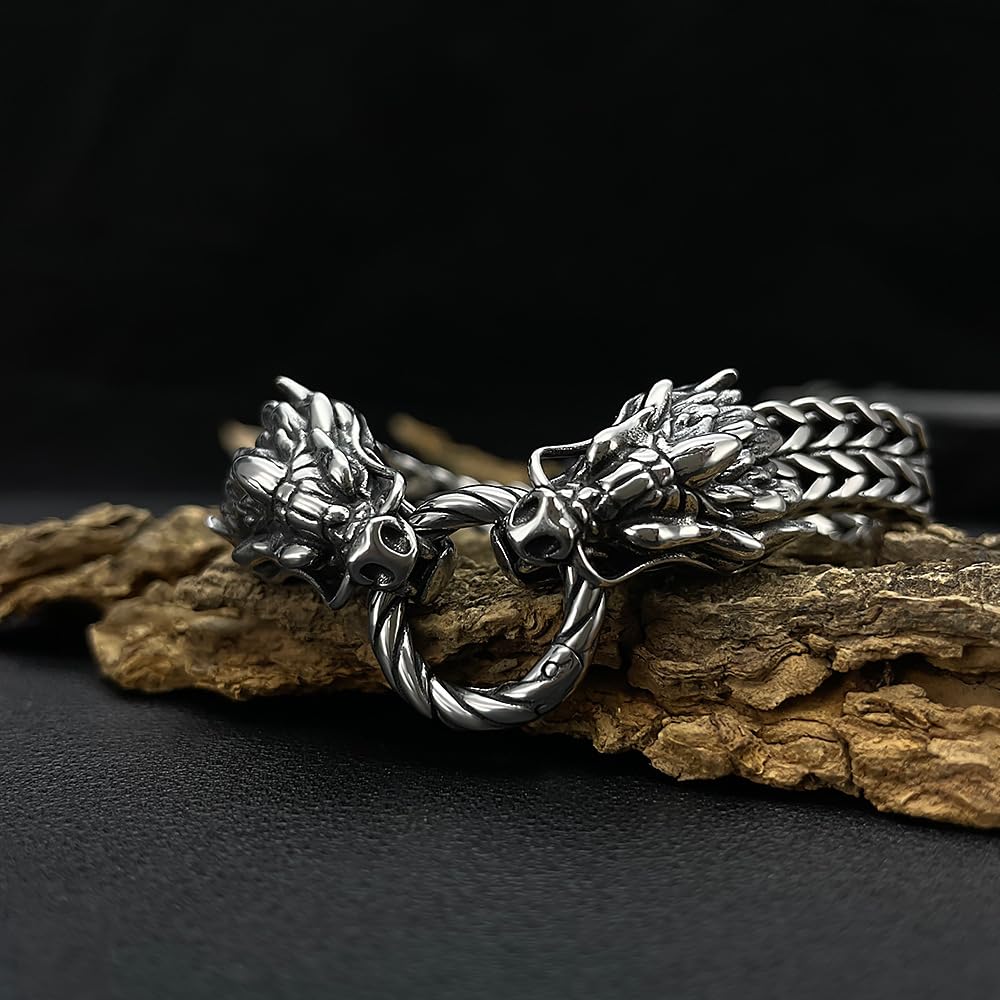 Silver Dragon Animal Motif Dragon Ring Dragon Bracelet Double Layer Chain Stainless Steel Hypoallergenic Halloween Anniversary Gift Accessory Su