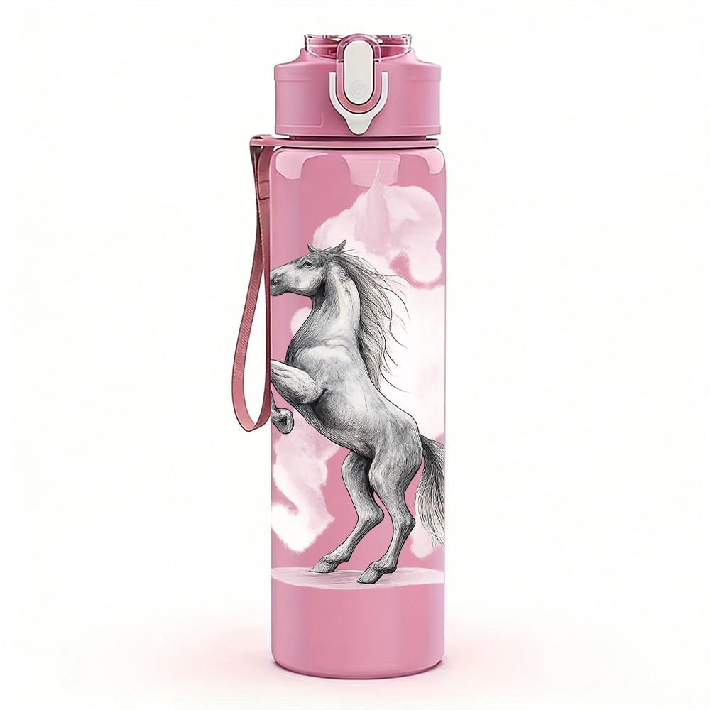 1pz Cavallo Bianco Ritratto Luminoso 750ml Plastica Colorata Borraccia Sportiva Tappo a Flip Anti-perdita Adatta per Sport Ufficio Uso Domestico