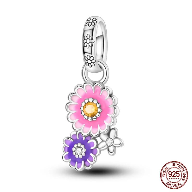 Copper Cute Pink Flowers Heart Pendant Beads Fit 4Mm Hole Diamete Charm Bracelet For Women Diy Jewelry Making Gift