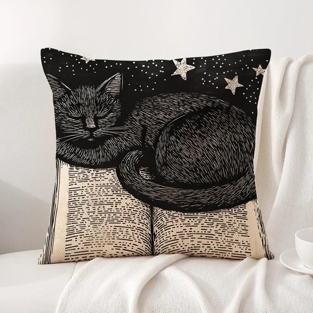 Couple cats Cushion Cover Natural Linen Organic Fabric DoubleSided Printing Sofa Home Decor Breathable Bed Pillow