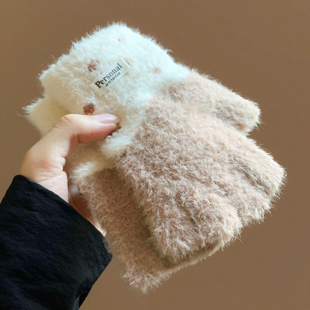 Polyester Plush Knitted Gloves Thick Warm Winter Gloves Soft Half Finger Gloves  Girls