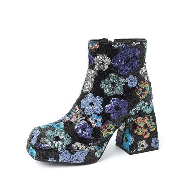 Cekinowe Tkaniny Jesień Zima Buty Super Wysokie Obcasy Nadruk Orientalny Design Platforma Buty Utrzymuj Ciepło Modne Botki Do Kostki