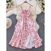 Seaside Vacation Style Floral Dress Summer Fashion Waist Trimming Slimming A- Line Open Back Bandeau Sling Large Swing Dress