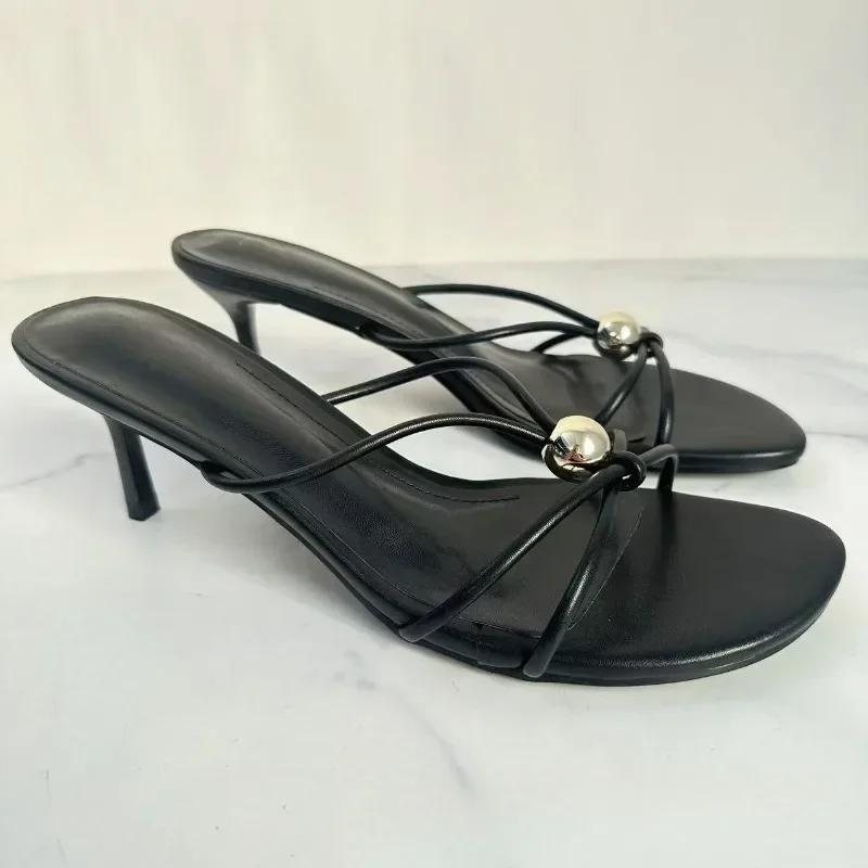 Fashion Black Narrow Band Thin Heel Women Mule Shoes Fashion Metal Decoration Design Brand Slippers Sexy Open Toe Party Slide Sandals