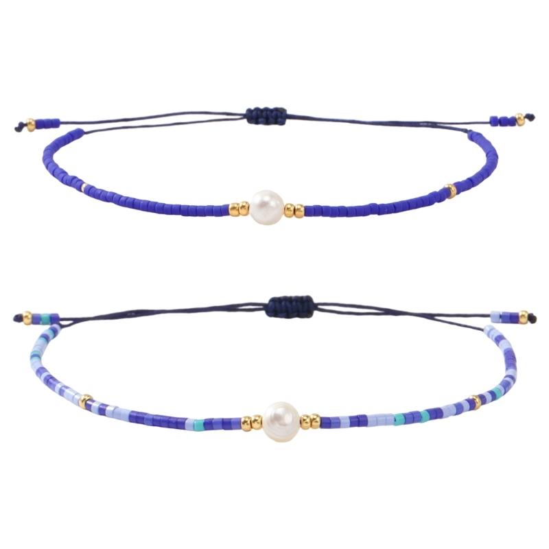 2 Piece Handcrafted Bohemian Pearls Bracelets Adjustable Cord Braided Design Beaded Bangle for Everyday Wear