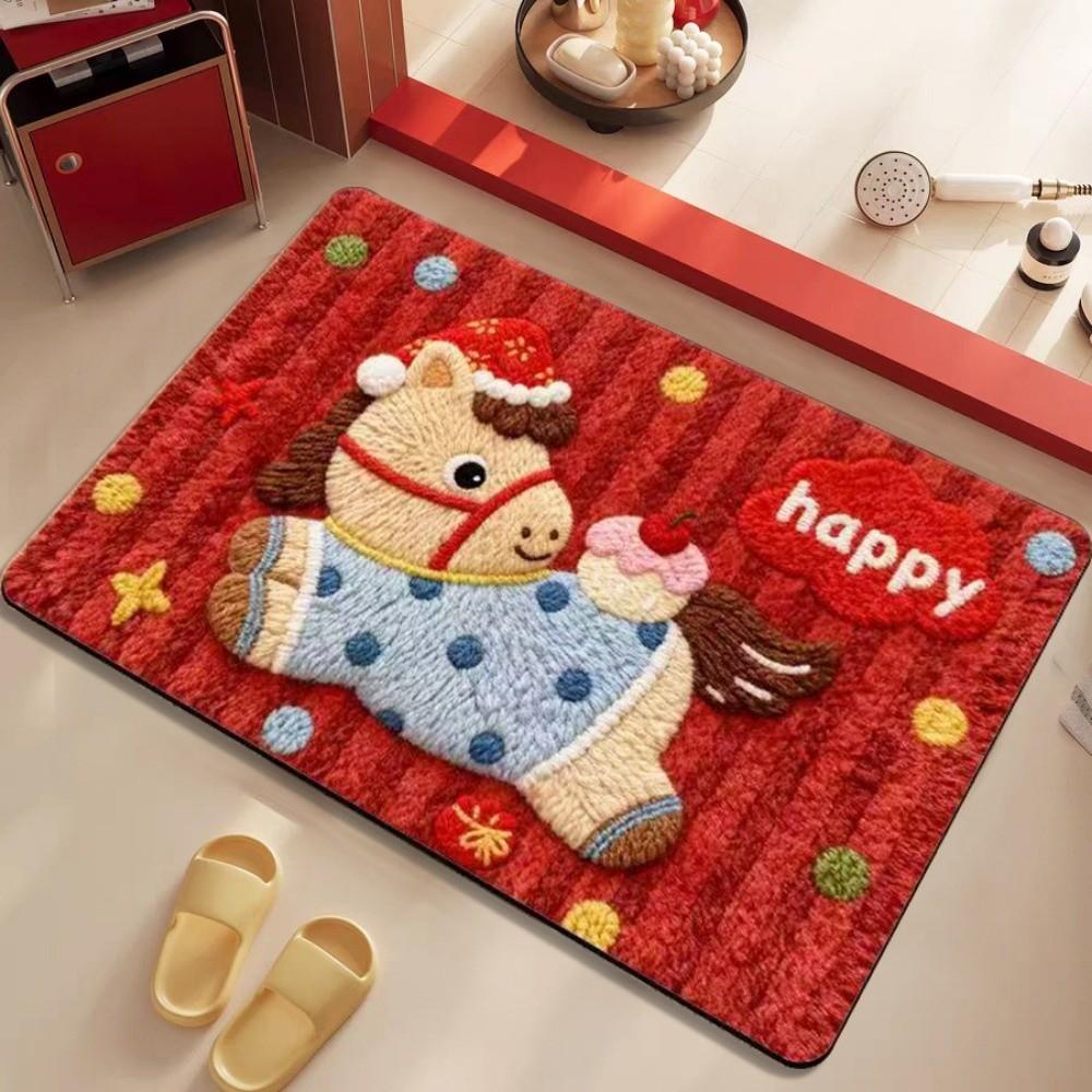 Quick Dry Horse Floor Mat Non-slip New Year Theme Bath Mat Soft Texture Blessing Words Floor Protection Mat for 2026 New Year