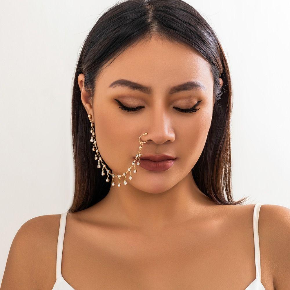 Fake Nostril Piercing Clip Earring with Nose Ring Long Chain Earring Performance Pros