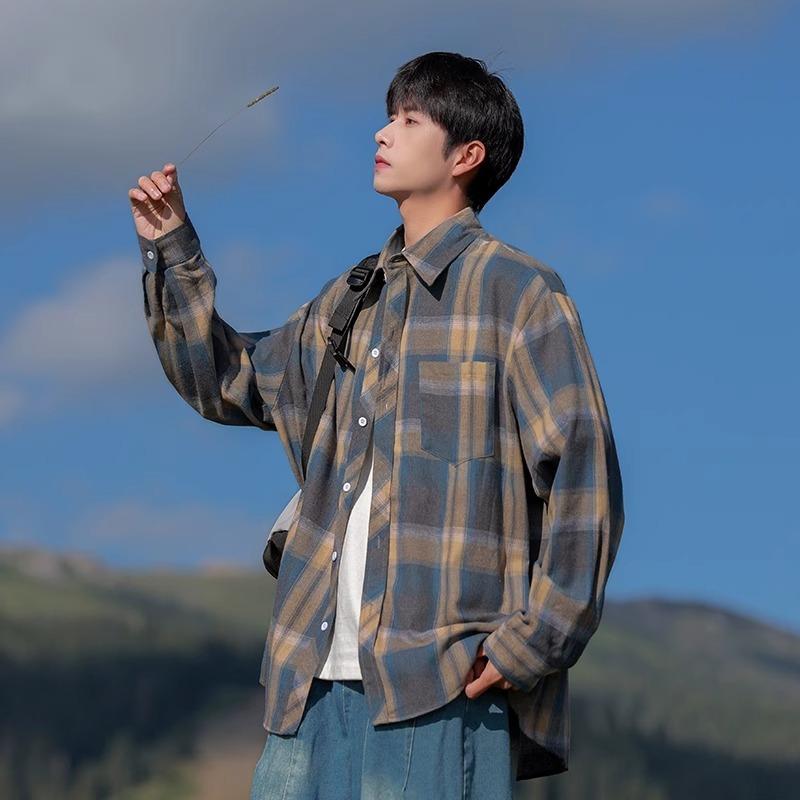 Spring and Autumn New Men's Retro Loose Plaid Long Sleeve Shirt