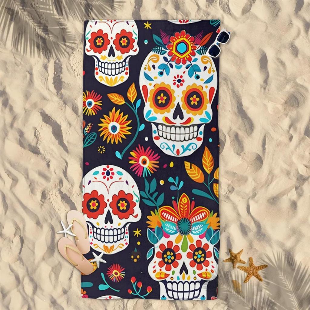 Skull Brightly Colored Flower Beach Towel, Large Microfiber Quick Dry Lightweight Pool Bath Towels Sand Free Beach Blanket for