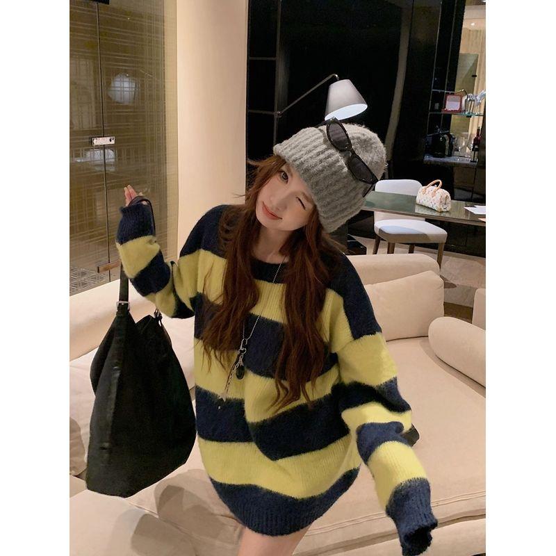Kumikumi Idle Style Pink Brown Stripes Crew Neck Pullover Sweater Women Autumn Chic Versatile Loose Top