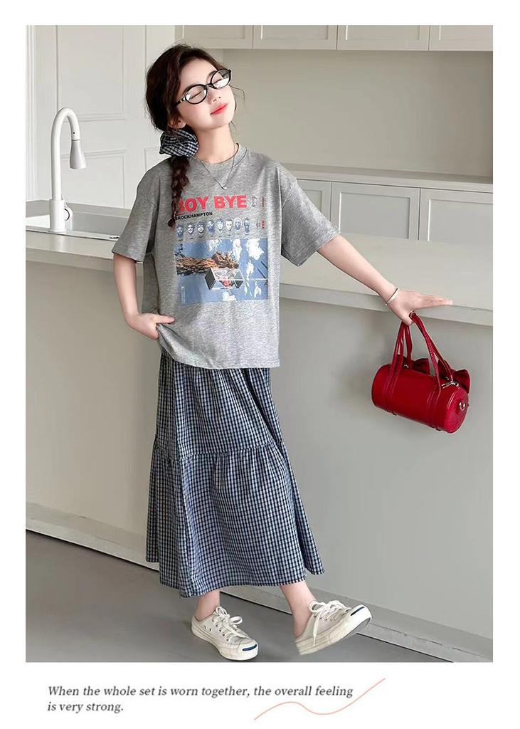 Girls' summer plaid skirt set, children's Korean style casual loose short sleeved shirt, big children's half skirt two-piece set