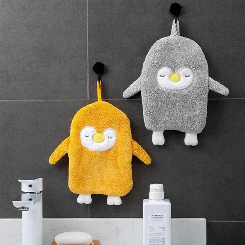 Hand Towel Kitchen Bathroom Draped Coral Velvet Cartoon Penguin Hand Towel Animal Thickening Absorbent