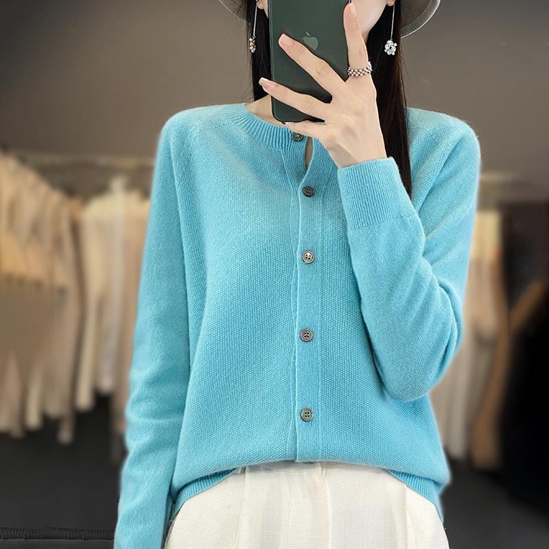 Korean Style Loose Wool Cardigan for Women - 100% Pure Wool, Fine Knit, Round Neck Sweater