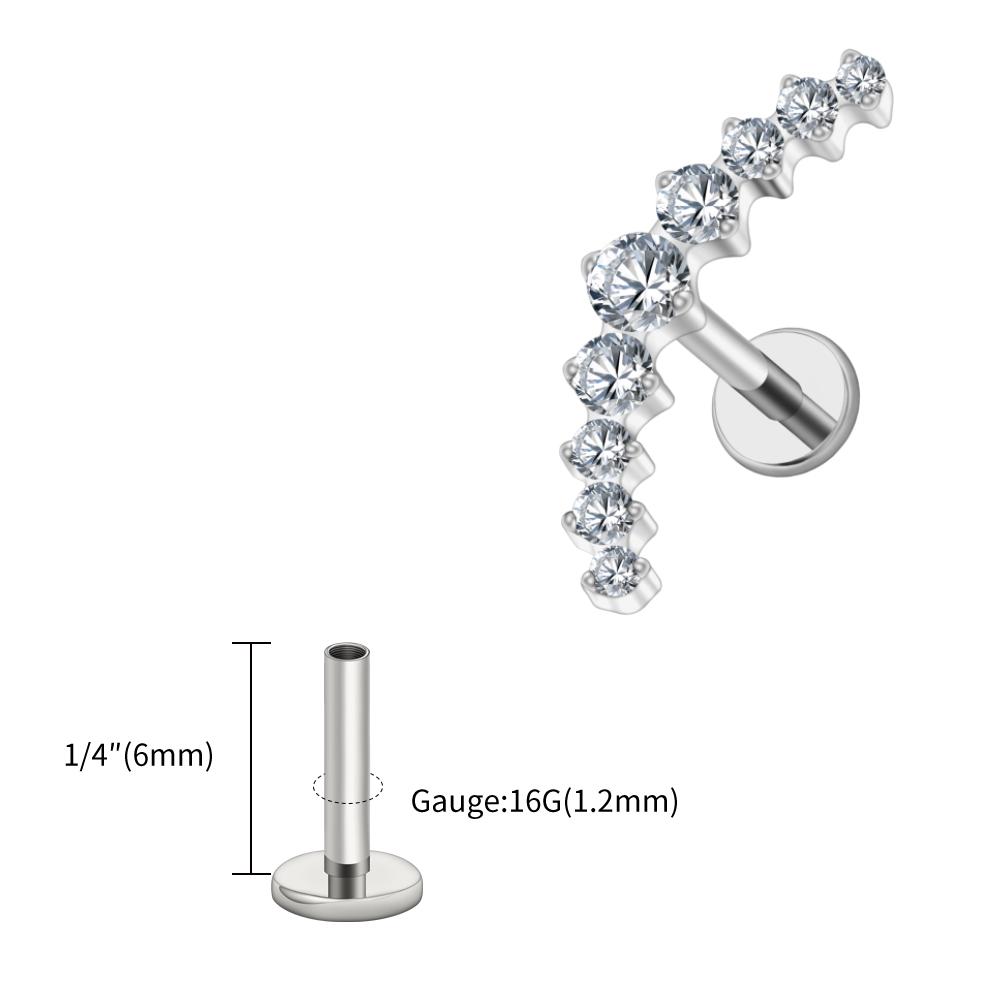 Right Grand ASTM F136 Titanium Arc CZ Cluster Labret Curved Bar Flat Back Stud Earring Helix Cartilage Conch Piercing Jewelry