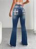 Jeans da donna slim micro-svasati con tasche ricamate e lavaggio scuro