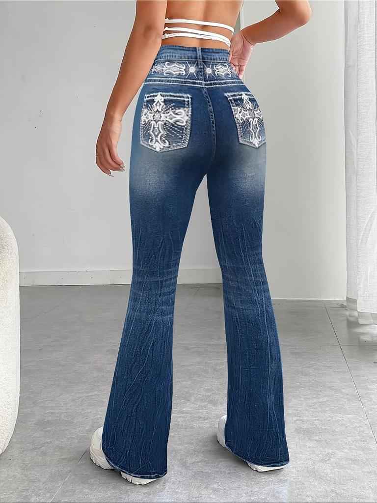 Jeans da donna slim micro-svasati con tasche ricamate e lavaggio scuro