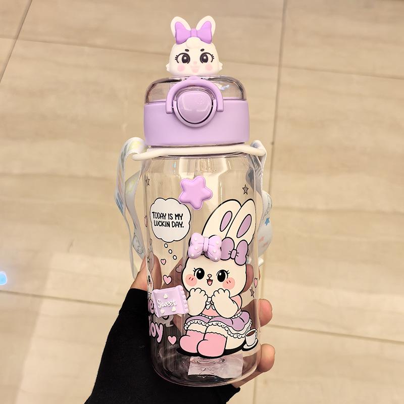 Portable Cartoon Water Cup with Strap - Durable, High-Temperature Resistant Plastic, One-Button Open Straw
