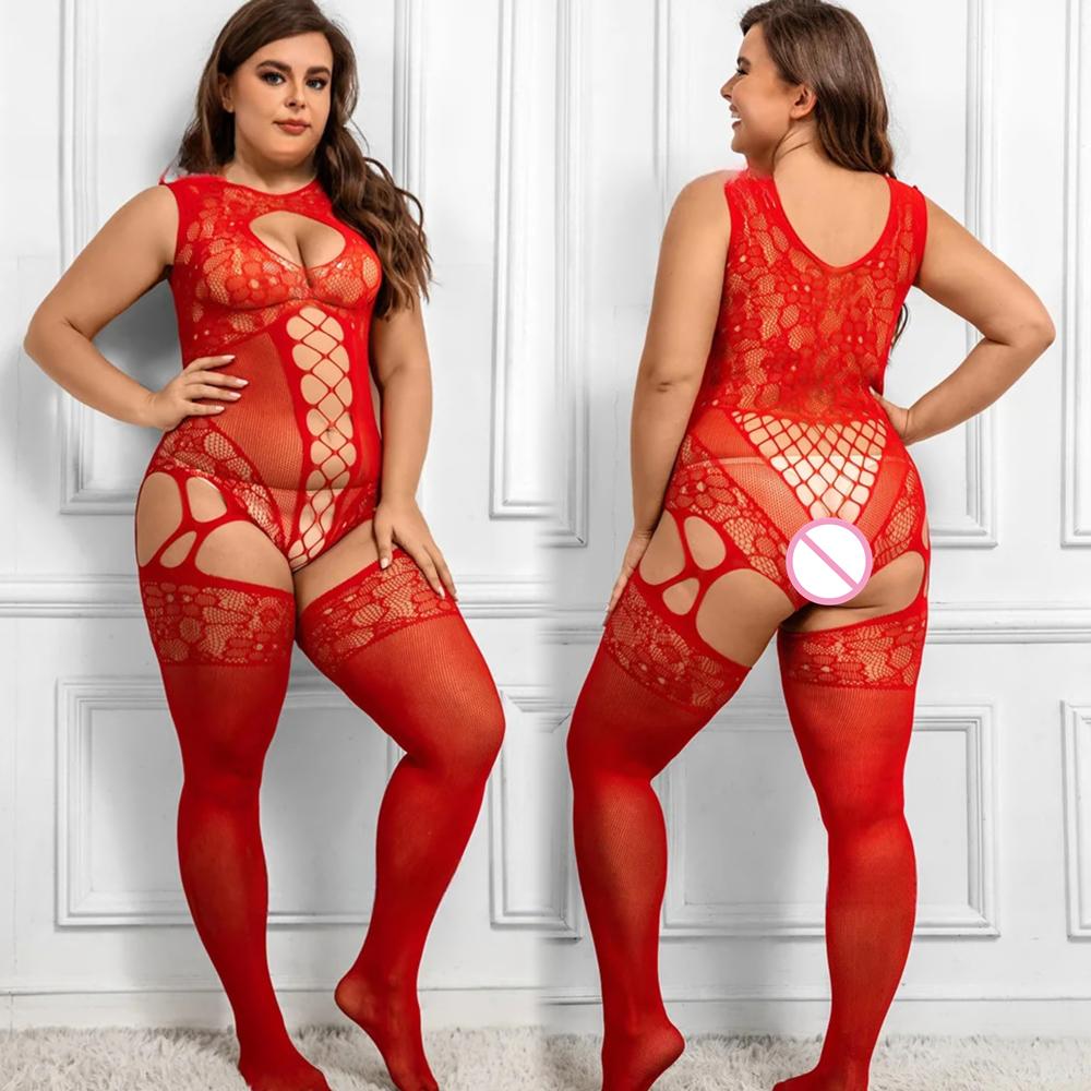 Red Transparent Fishnet Women Bodystockings Sexy Lingerie Open Crotch Hot Bodysuit Erotic Crotchless Sling Black Exotic Costumes