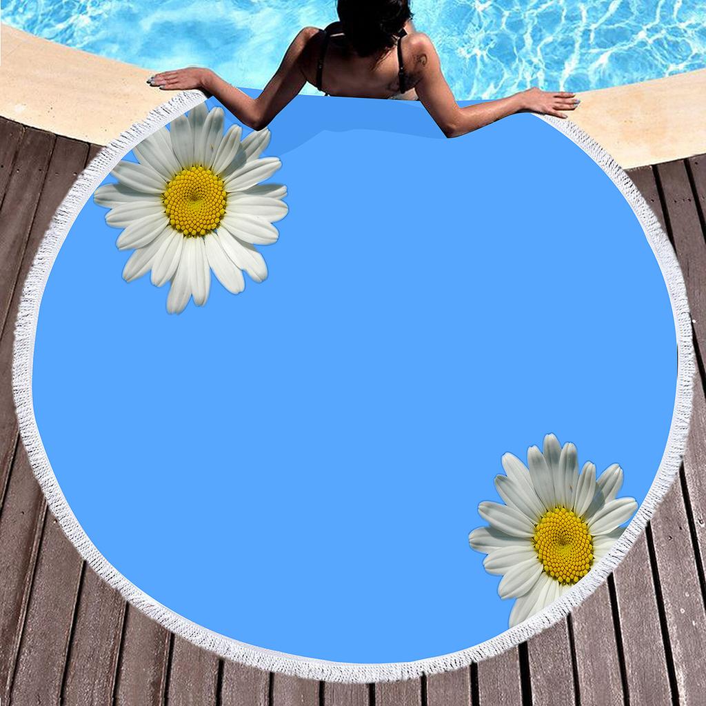 Floral Daisy Round Beach Towel,Microfiber Beach Blanket Sand Free Quick Dry Swim Pool Bath Circle Towel with Tassel for Teen Men