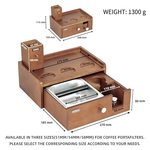 NEOUZA Multifunctional Barista Station | Built-in Knock Box & Tamper Stand, Removable Drawer, Beech Wood Stainless Steel Organizer for 51/54/58mm Port