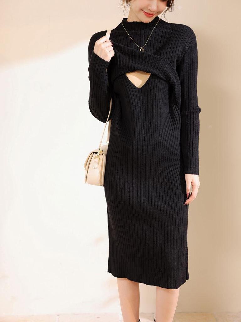3509 Herbst/Winter Stillkleid für die Zeit nach der Geburt: Dicker Strick, Schlanke Passform, Spicy Mom Style, Stillfreundlich