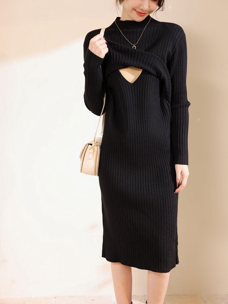 

3509 Autumn/Winter Postpartum Nursing Dress: Thick Knit, Slim Fit, Spicy Mom Style, Feeding-Friendly One Size