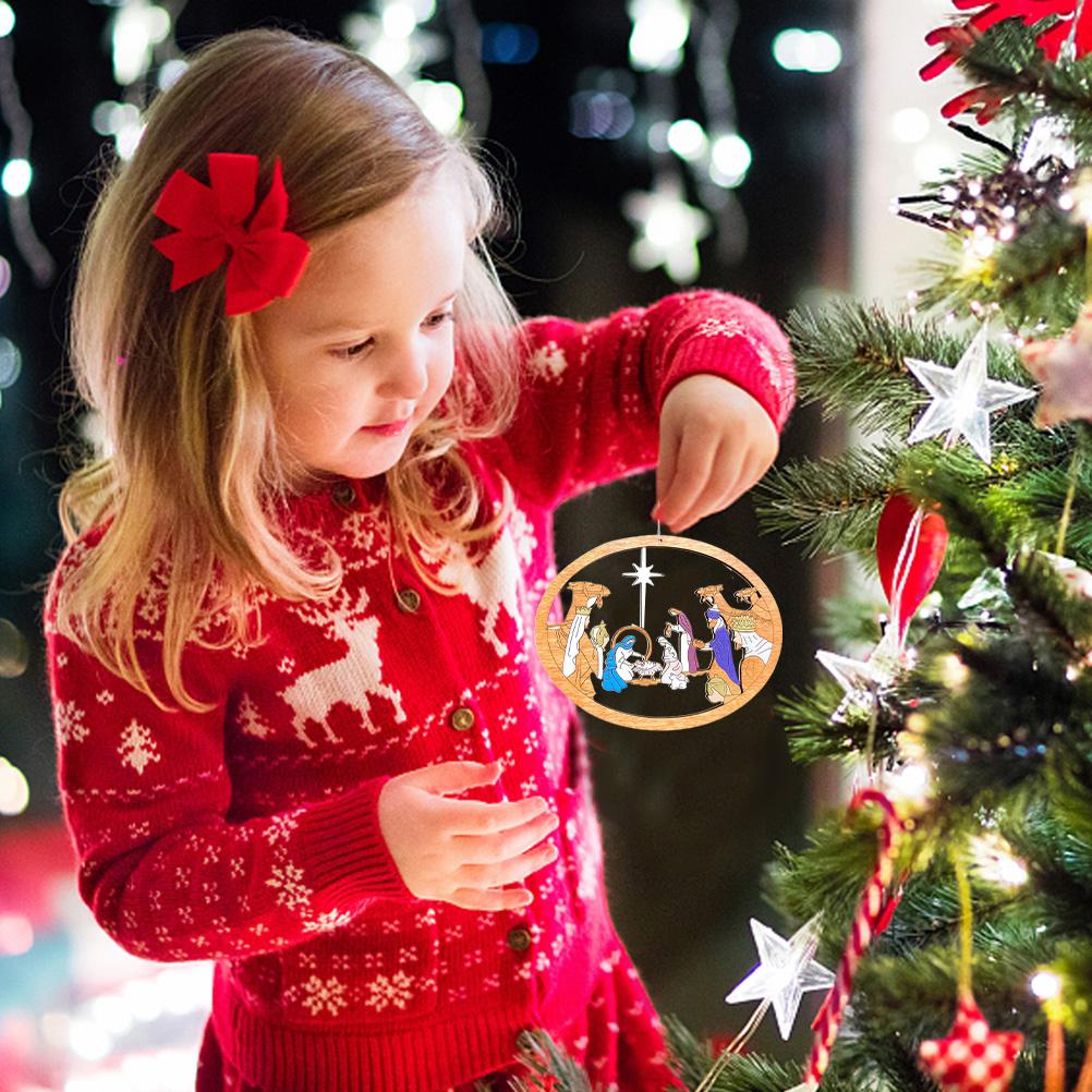 Color Hollowed Nativity Scene Pendant Christmas Tree Wooden Hanging Ornament Christmas Decoration