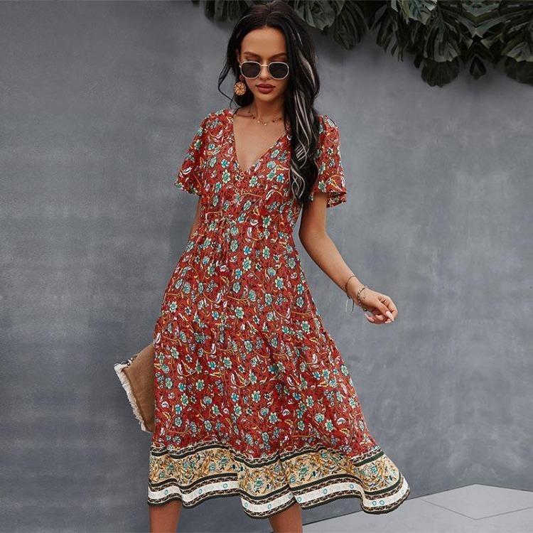 Boho Print Damenkleid V-Ausschnitt Kurzarm Hohe Taille Frühling Sommer S-XL