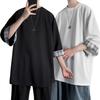 Men T-shirt Plaid Patchwork O-Neck 3/4 Sleeve Solid Color Streetwear Spring Summer Loose Tee Top Men Clothes