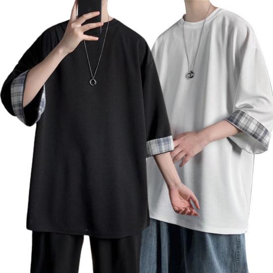 Men T-shirt Plaid Patchwork O-Neck 3/4 Sleeve Solid Color Streetwear Spring Summer Loose Tee Top Men Clothes
