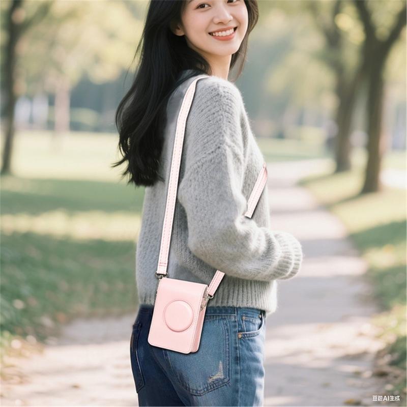 Étui d'appareil photo bandoulière étanche antichoc en cuir PU rose pour Mini EVO Sac de rangement compact avec bandoulière réglable