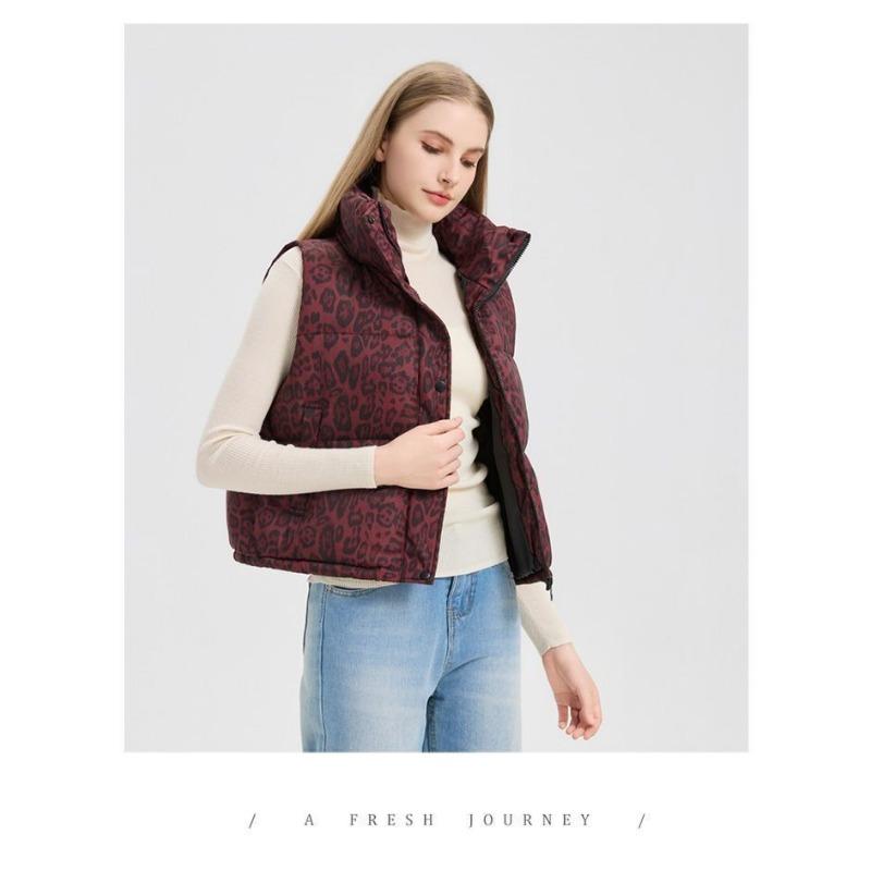 Women Short Stand Collar Leopard Print Loose Vest Jacket