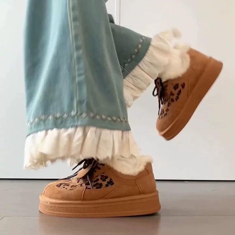 Cowhide Version Leopard Print Cotton Shoes Casual Board Shoes Winter New Velvet Warm Snow Boots Thick Sole