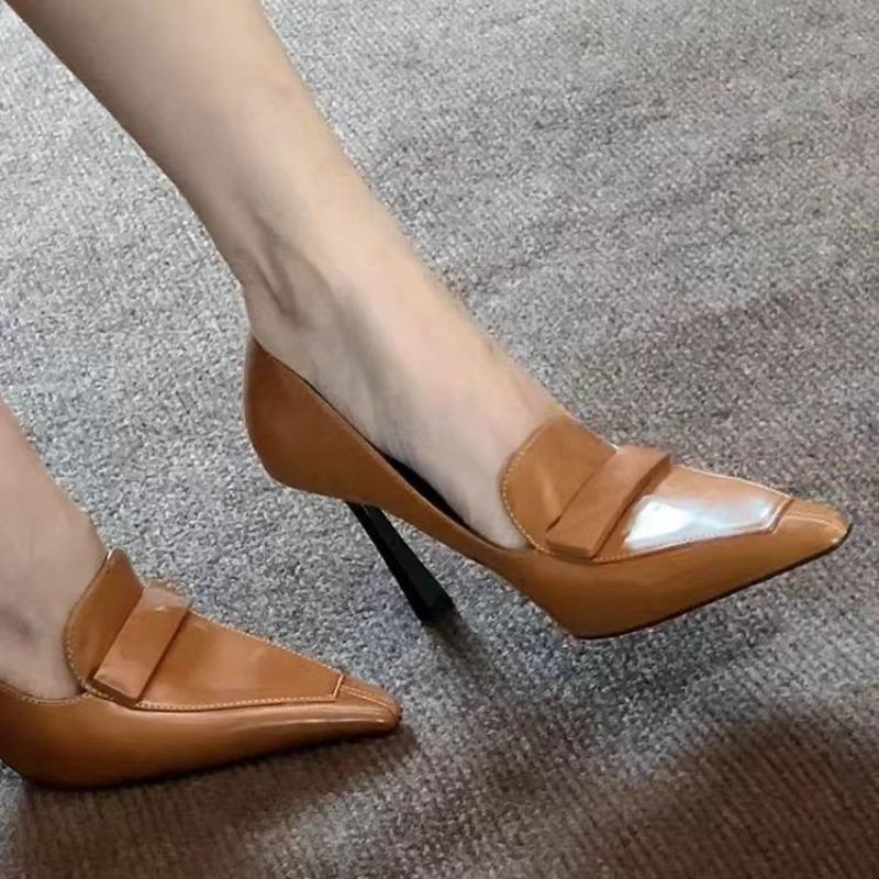 

Fashion 2025 Early Spring New High Heels for Women s Sexy Leather Small Square Buckle Pointed Toe Shallow Mouth Elegant Slim Heels Shoes 34 коричневый