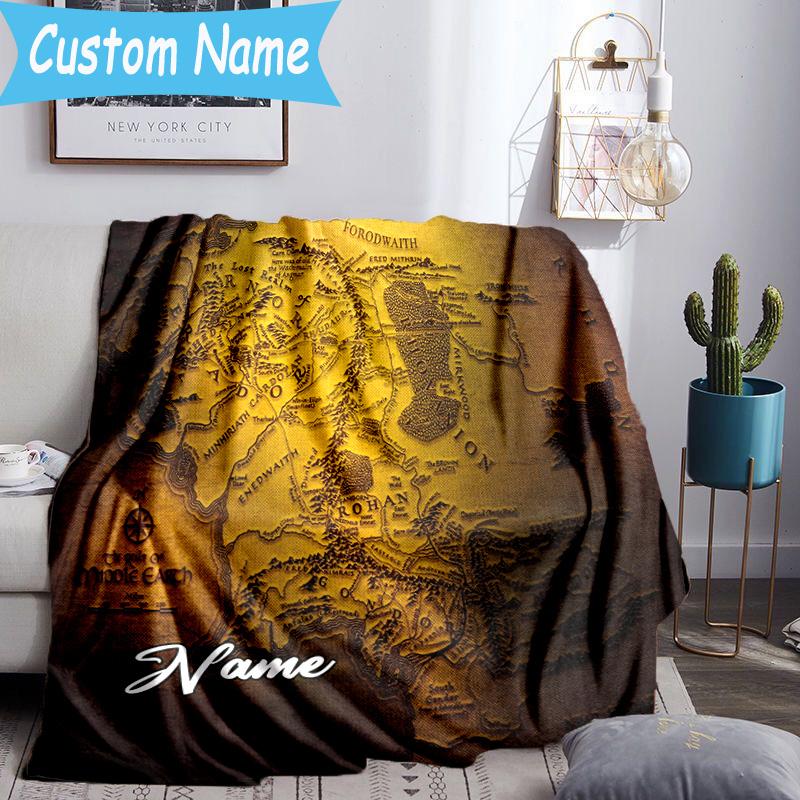 1PC Custom Name Middle-earth Adventure Map Throws Blanket Flannel Blankets for Couch Bed Gifts for Men Women Travel Picnic Christmas Fan Gifts