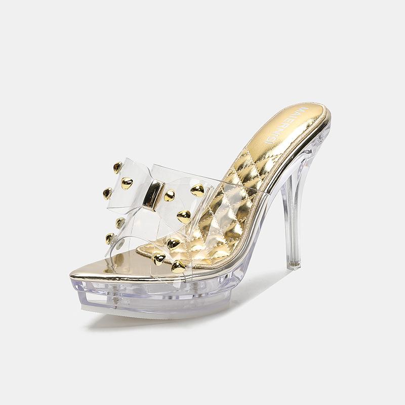 

Fashion new rivets transparent pointed crystal heel fashion model catwalk nightclub princess large size sandals 43
