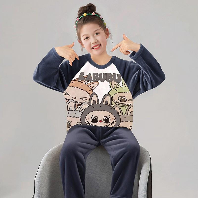 Girls Flannel Pajama Set Cartoon Print Long Sleeve Sleepwear Kids 8 Years Winter Home Outfit