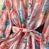 Spring Autumn Vintage Hydrangea Print  Long Sleeve Short Dress for Women Fashion Stand Collar Belt Slimming Ruffles Splice Mini Dress