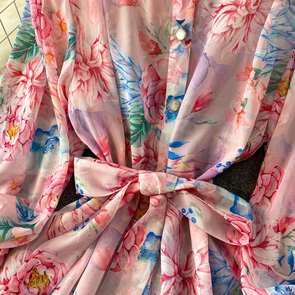 Spring Autumn Vintage Hydrangea Print  Long Sleeve Short Dress for Women Fashion Stand Collar Belt Slimming Ruffles Splice Mini Dress