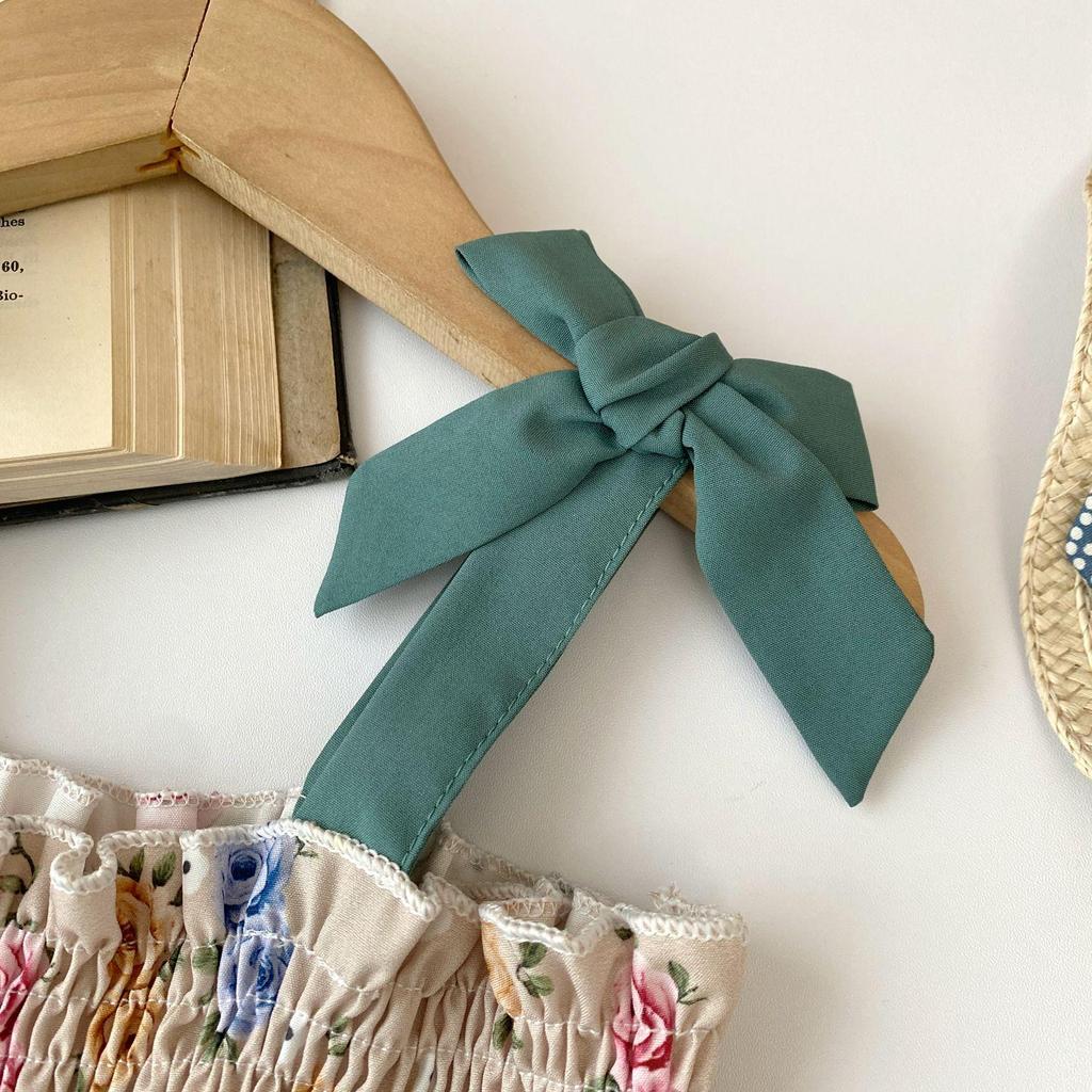 Summer Girls' Fashion Set: Printed Bow Spaghetti Strap Top & Bloomers Shorts, 2-Piece Ensemble