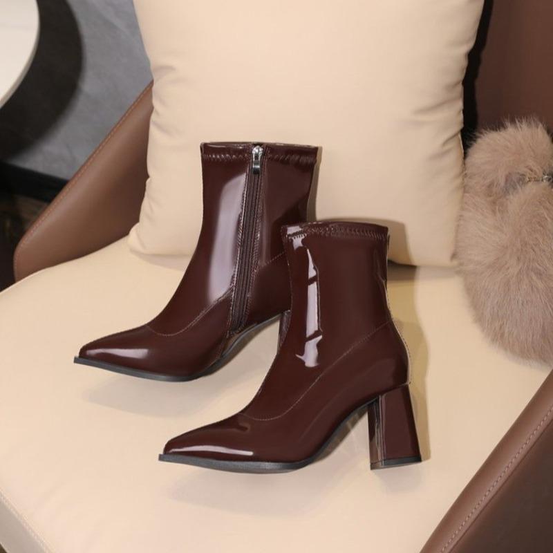 

Модные ботильоны на высоком каблуке с острым носком, женские модные ботинки из лакированной кожи средней высоты с боковой молнией, осень/зима 2025 42