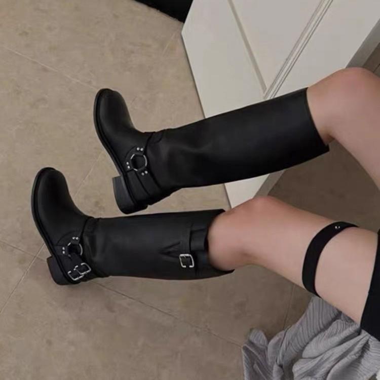 Round head adjustable belt buckle but knee mid boots women's new thick heel knight boots